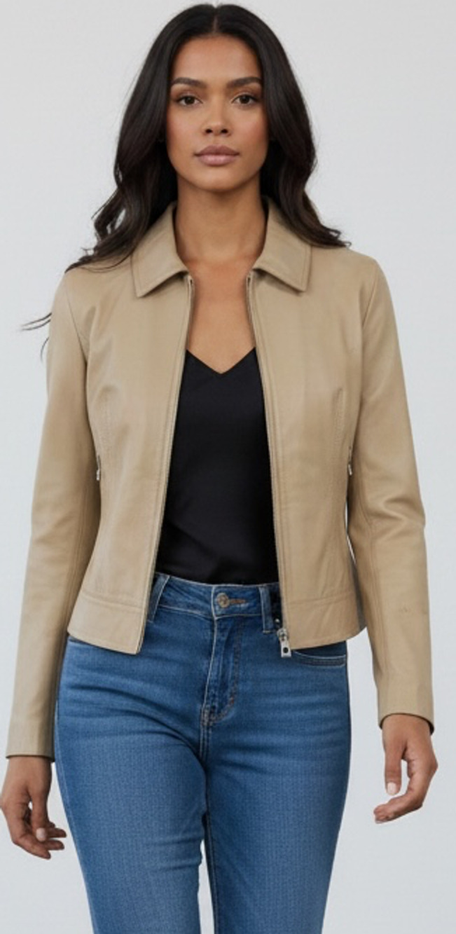 Id. Collection Women's Beige Leather Jacket with Back Lace-Up Detail
